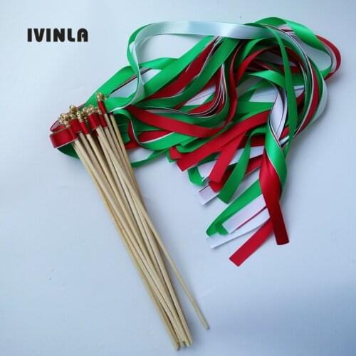 Hot selling 50pcs/lot Red Green White wedding ribbon wands with gold bell for wedding decoration