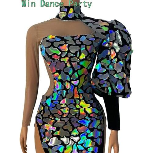 Custom One Shoulder Sequins Irregular Puff Sleeve Party Bar Dress Fashion Sequins Decorated Club Mini Dress Sexy Dress