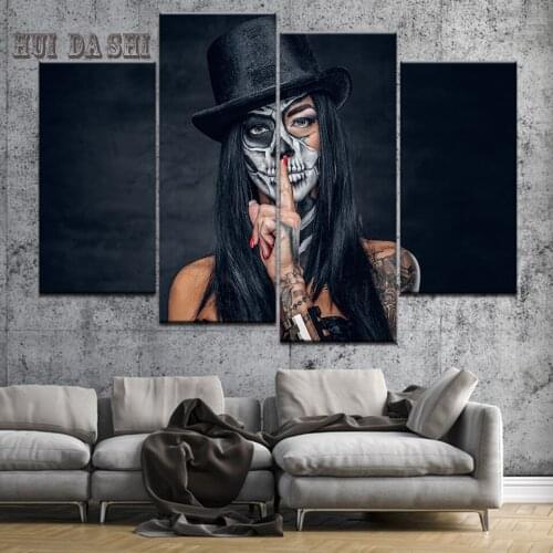 Canvas Painting Sexy girl skull tattoos 4 Pieces Wall Art Painting Modular Wallpapers Poster HD Print Home Decor free shipping