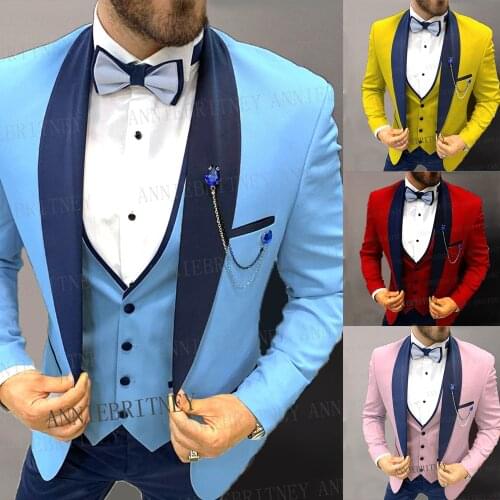 Pink Mens Suits 3 Piece Blue Peak Lapel Groom Tuxedos for Wedding Groomsmen Suits Men 2021 Costume Homme (Blazer+Vest+Pants)