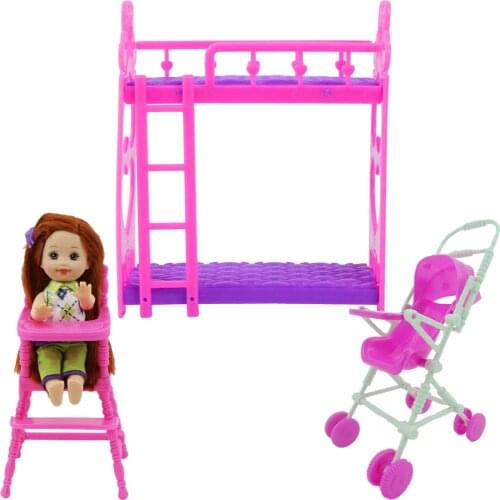 3x Mix Style Bedroom Furnitures High Chair Trolley Mini Bed Baby Accessories for Barbie Doll for Kelly Doll Dollhouse DIY Toy