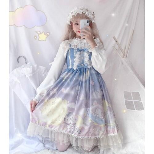 Sweet Cute Lolita Dress Japanese Kawaii Girls Princess Maid Vintage Gothic Printed Patterns Lace Pink Summer Removable Skirt JSK