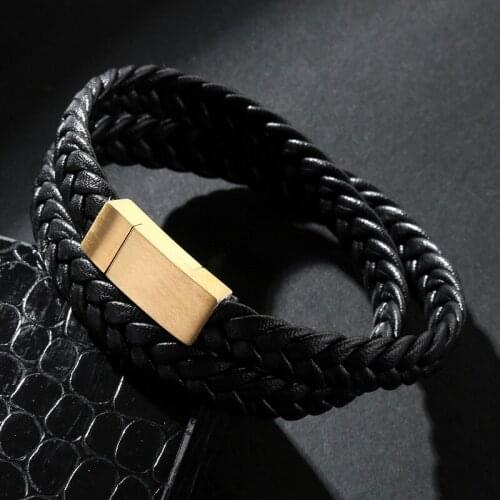 MOZO FASHION Men Charm Bracelets Multilayer Weaving Leather Bracelets Stainless Steel Magnet buckle Simple mens Bracelet PS2142