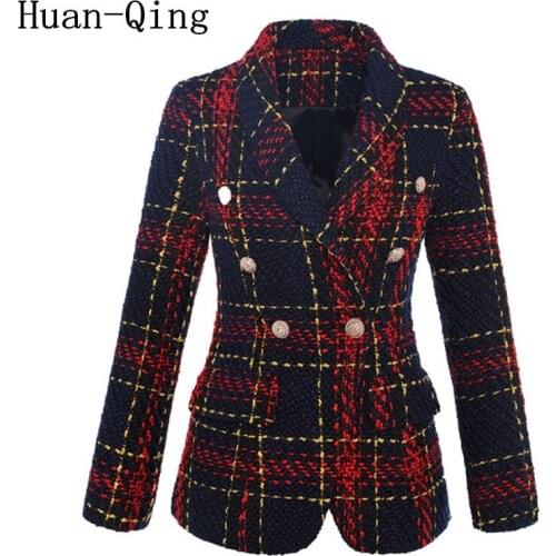Fall Ladies Plaid Weaving Tweed Women Blazers and Jackets Double-breasted Blazer Long Sleeve Suit Coat Outerwear Plus Size S-XXL