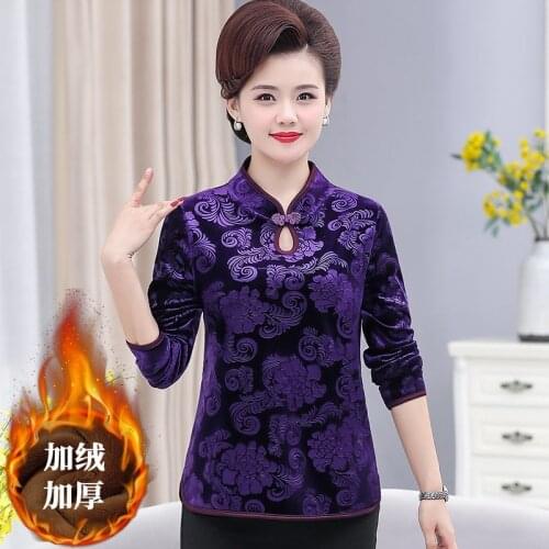 Autumn Long Sleeve Velvet T-shirt Women Tee Retro cheongsam collar Jacquard velvet thickening Tshirts For Women Top Winter Shir