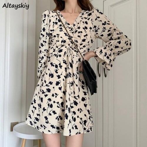 Long Sleeve Dress Women Floral Print Spring Basic Slim Temperament Lightweight V-neck Elegant Sweet Lady Dresses Apricot Classy