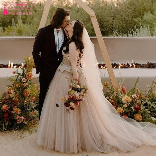 Blush Champagne Princess Wedding Dresses Sweetheart Romantic Tulle Bridal Gowns Boho Vestido De noivas ZW456