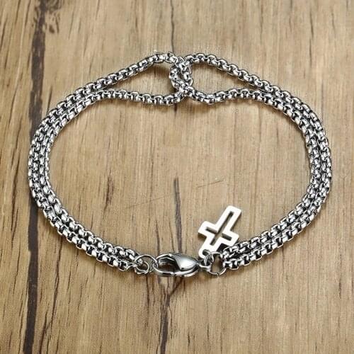Runda Fashion Double Strand Rolo Chain with Cross Charms Bracelet for Men Stainless Steel Lobster Claw Clasp Closure