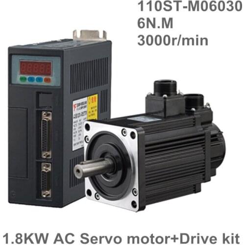 1.8KW AC Servo Motor 6N.M 3000RPM 110ST-M06030 AC Motor +Matched Servo Motor Driver+3M Cable Complete Motor kits High Quality