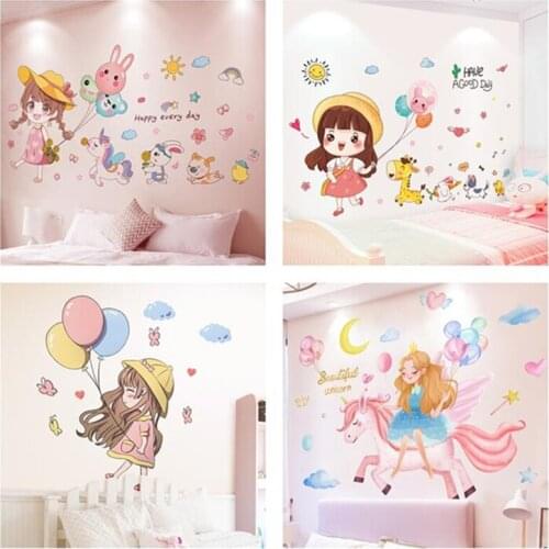 [SHIJUEHEZI] Cartoon Girl Wall Sticker DIY Animals Balloons Mural Decals for Kids Rooms Baby Bedroom Home Decoration Accessories