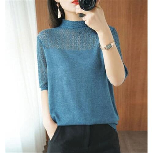 Thin Section Hollow Round Neck Sweater Female Striped Loose Solid Color Short Sleeve Knitted Sweater Pullover Women Spring 2020