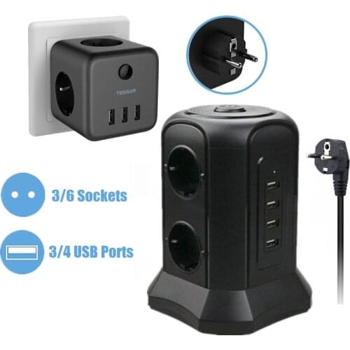 TESSAN Power Strip Tower with USB Ports 6 Outlets and 2M Extension Cable On Off Switch EU Standard Plug Adapter for Home Office