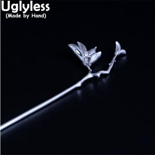 Uglyless Glossy Silver Magnolia Floral Hair Sticks for Women Elegant Flowers Hair Accessories 925 Silver Hair Jewelry Branches