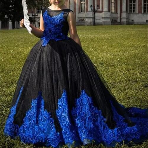 Lovely Black Flower Girls Dresses with Royal Blue Lace Applique Backless Long Train Communion Birthday Toddler Gowns