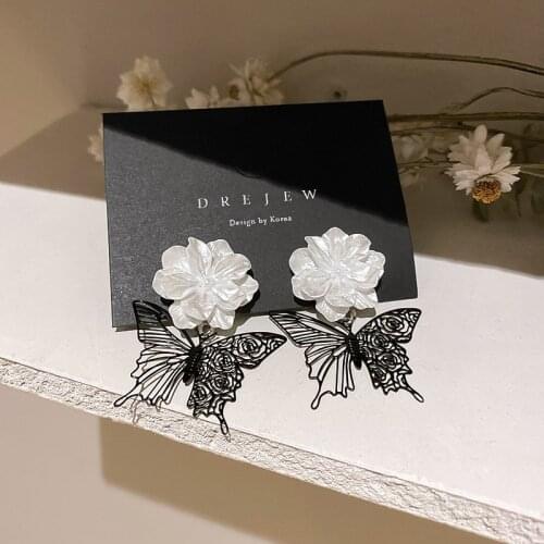 Black Butterfly White Flowers Dangle earrings for Women Girls Hollow Out Party earrings Jewelry