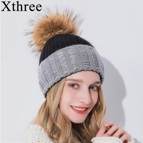 Xthree Cashmere Winter Hat For Women Girl Knitted Hat Keep Warm Beanies With Mink Fur Pom Pom Hat