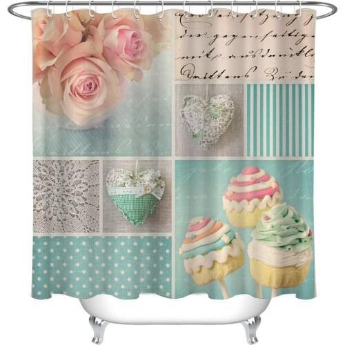 Polyester Fabric Shower Curtain Liner Romantic Flowers LOVE Cake Bathroom Decor