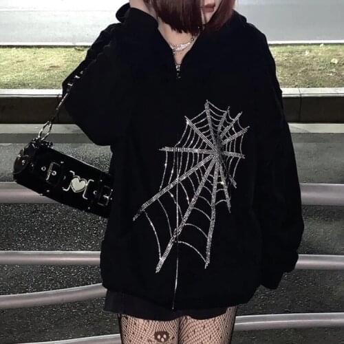 Spider Printed Hoodie Women Sweatshirt Oversized Jacket Gothic Loose Coat Harajuku Outwear Winter Zipper Korean Style Sweatshirt