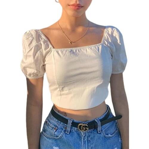 Women’s Sexy Solid Color Crop Tops, Square Neck Puff Sleeve Wrap Bustier Open Back Blouses