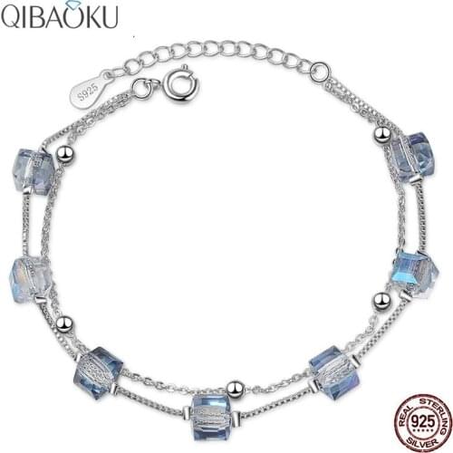 925 Sterling Silver Bracelet New Square Blue Crystal Lady Bangles Trend Elegant Women Beauty Lover Gift Fine Jewelry