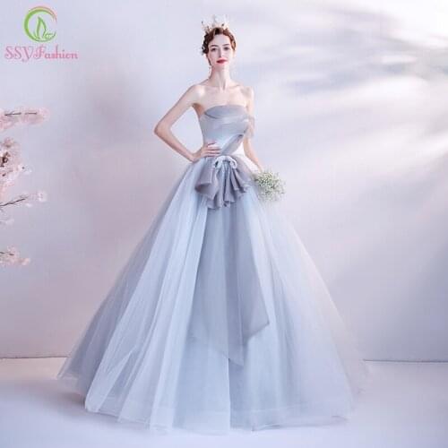 SSYFashion New Grey Long Evening Dress Sexy Strapless Sleeveelss Floor-length A-line Prom Formal Gown Vestidos De Fiesta
