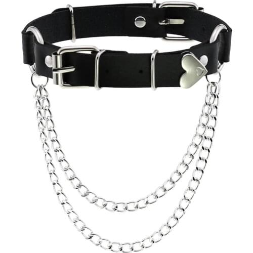 ZIMNO Goth PU Leather Stainless Steel Link Chain Collar Sexy Necklace for Women Heart Love Snaps Egirl Cosplay Clavicle Choker