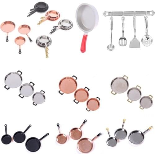 1/3pcs Dollhouse Miniature Metal Frying Pans Cooking Pot Cookware Frying Pan Model Simulation Saucepan Toys Kitchen Accessory