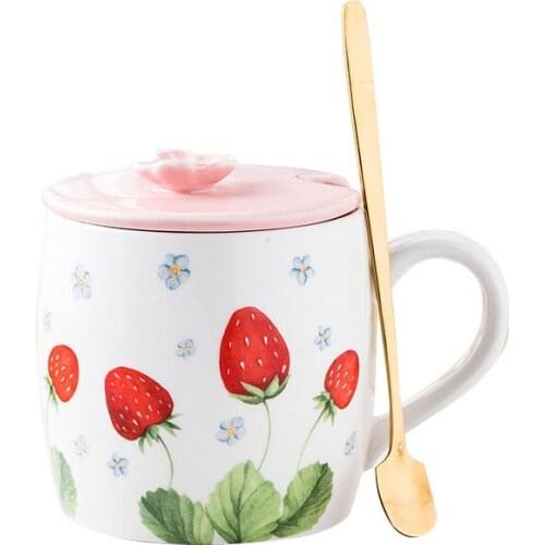 13.5oz Cute Strawberry Ceramic Mug with Lid Gold Spoon Porcelain Coffee Mugs Milk Tea Cup for Household Office