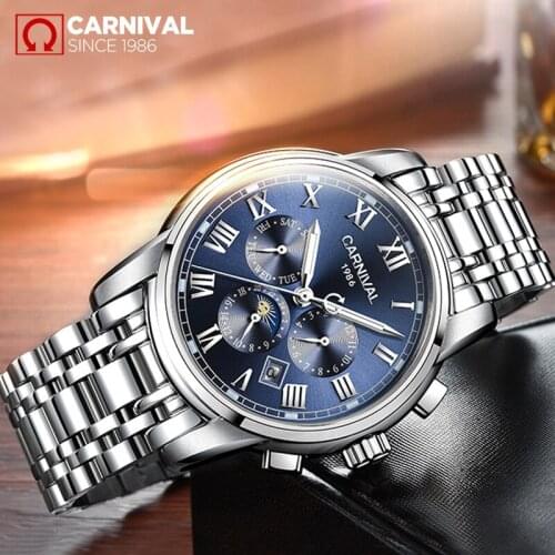 2021 CARNIVAL Fashion Men Watch Relogio Masculino Men Automatic Mechanical Blue Wrist Wristwatch Stainless Steel Male Clock Box