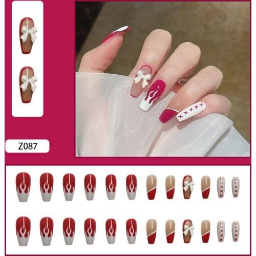 24Pcs/Set Fake Nails With Design Pink White Bow Flame DIY Slider Removable Long Paragraph Fashion Manicure Set Nail Art Tools