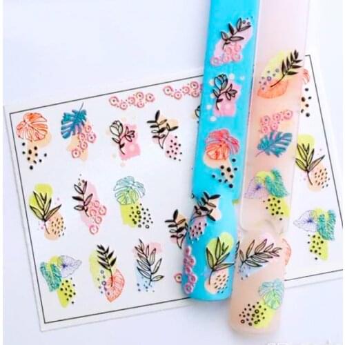 6D Acrylic Engraved Nail Sticker Leaves Geometric Lins Decals Empaistic Nail Water Slide Decoration Accessories DIY Design Z0502