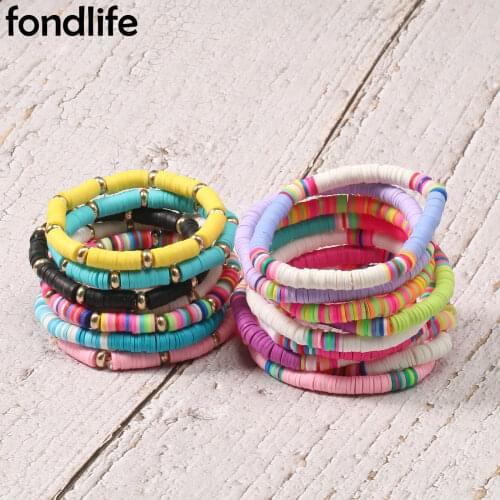 Boho Different Color 6mm Polymer Clay Heishi Beads Stretch Bracelet Women Men Multicolor Rainbow Discs Summer Beach Jewelry Gift