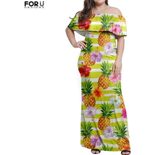 FORUDESIGNS Women Off Shoulder Long Dresses Hawaiian Pineapple And Hibiscus Flower Comfortable Leisure Holiday Ladies Clothing