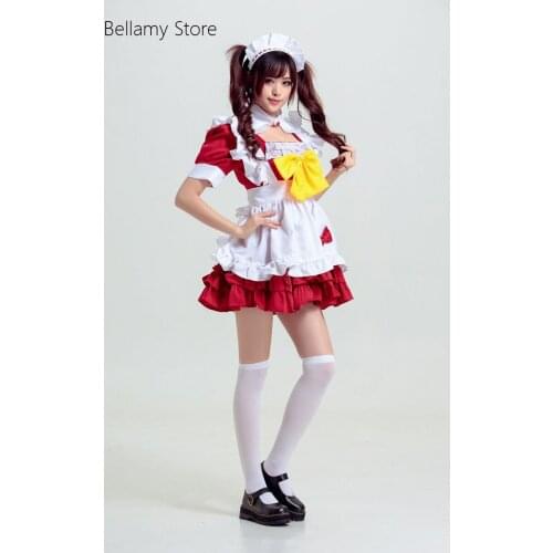 Gothic Lolita Red and White Sweet Bow Pleated lace Cosplay Maid Costume Maid Dress