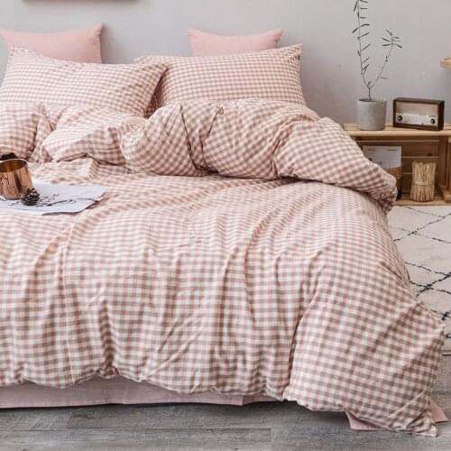 Pink white plaid check 100% cotton Washed cotton 3pcs duvet cover sets(2*pillowcase+1*duvet cover) bedding sets