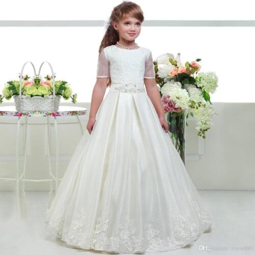 Square Neckline Flower Girl Dresses For Beach Wedding Half Long Sleeves Chiffon Tiered Girls Pageant Gowns Kids Formal Wear Part
