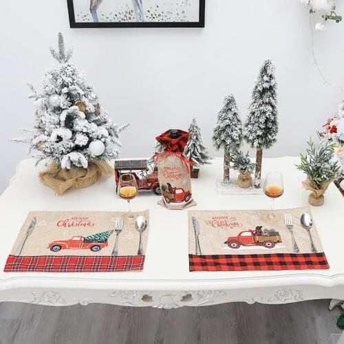 Linen Red Black Plaid Cartoon Truck Tractor Placemat Dining Table Mat Fork Dish Cup Pads Napkin Christmas Kitchen Dinner Supply