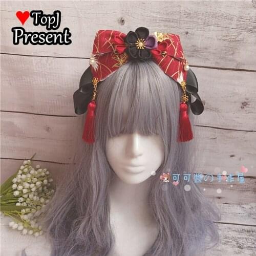 Lolita crane headdress Chinese style hairhoop KC side clip Japanese kimono accessories hairhoop flower wine red black
