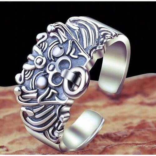 S925 Sterling Silver Black Gold beast roe deer owl opening ring male retro domineering trendsetter ring tail ring silver ring