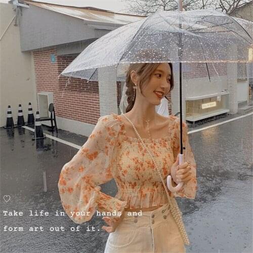 2021spring and Summer New Gentle Long Sleeve Chiffon French Style off-Neck Floral Shirt for Women