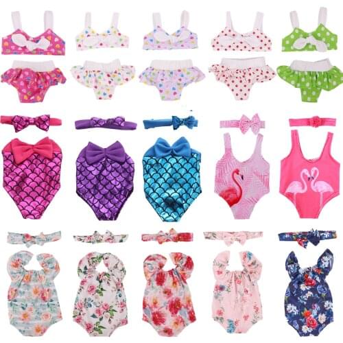 Doll Clothes 18Inch Girls Doll Unicorn One Piece Swimsuit 2021 New Swimwear Flamingo Ruffle Style 43Cm New Born Baby Swimwear