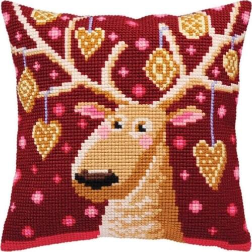 DIY Cross Stitch Cushion Front Christmas Deer Needlepoint Kits Printed Canvas Chunky Yarn Cross-stitch Pillow Case Arts & Crafts