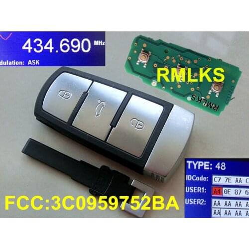 RMLKS 3C0 959 752 BA 752BA Entry Remote Key Fob Replacement 433Mhz ID48 Chip 3C0 959 752 BG 752BG ID46 For VW MAGOTAN Smart Key