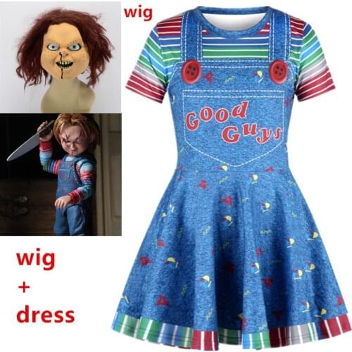 Halloween Cosplay Scary Costume For Kids Girls Childs Play 2 Chucky Good Guys 3D Printed Cosplay Dress Fake 2 Pieces+Chucky wig