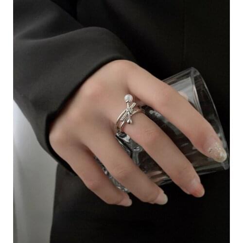 U-Magical Bling Bling Double-Layer Tie Simulation Pearl Ring for Women Girls Shining Open Adjustable Index Finger Ring Jewelry