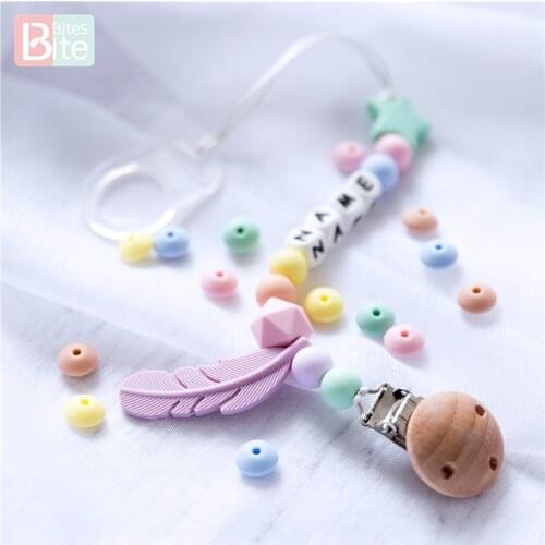 Bite Bites 1PC Baby Silicone Teether Abacus Beads For Infant Pacifier Chain Feather Beech Wood Clips Baby Feeding Children Goods