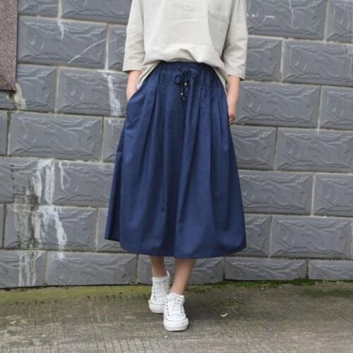 Long Summer Skirt Women Relax Elastic High Waist A Linen Drawstring Pockets Cotton Linen Sun Skirt Blue Casual Faldas Mujer Moda