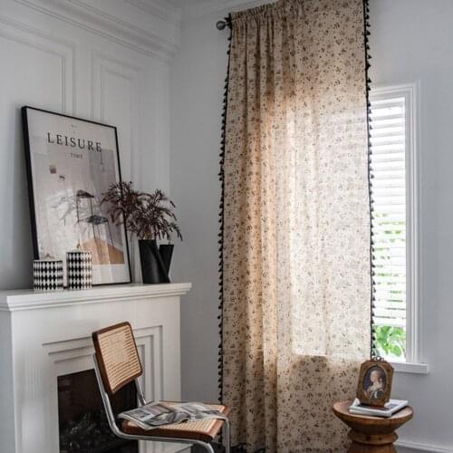 Korean Style Dandelion Printing Curtain Black Fringed Edge Kitchen Cotton And Linen Semi-Shading Bay Window Curtain Decoration