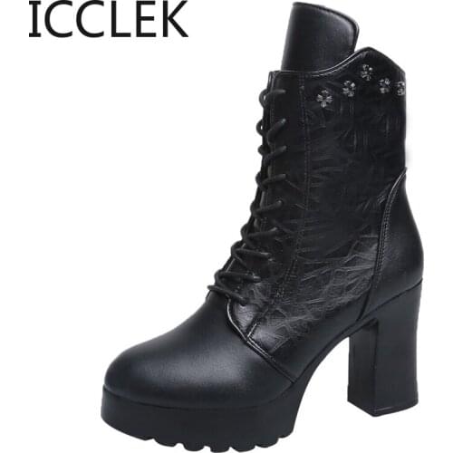 Womens Boots Winter Ankle Boots Pu Leather Women Boots Work Shoes Round Toe Lace-Up Cowboy Motorcycle Shoes botas muje A013