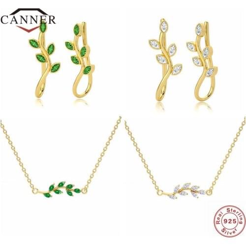 CANNER Real 925 Sterling Silver Green Leaves Stud Earrings for Women Piercing Cartilage Earings Pendant necklace Jewelry Set